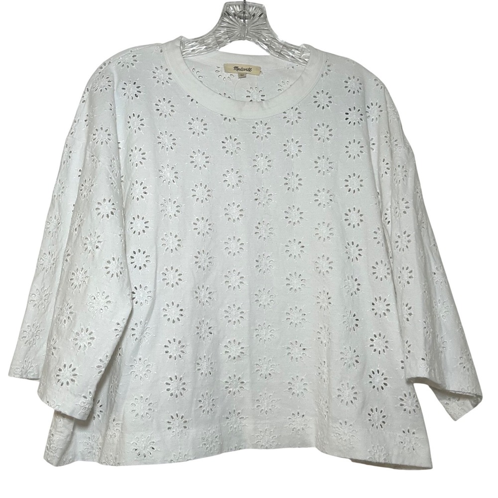 NWT Madewell Embroidered Wide-Sleeve Boxy Tee white women's xl cottage boho